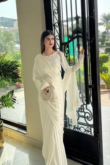 SAAD IBRAHIM | SAREES | SOLID WHITE SHORT SILK SAREE