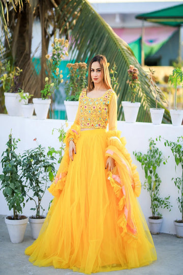 SAAD IBRAHIM | LEHENGA CHOLI | SOLID YELLOW HAND EMBELLISHED LEHENGA CHOLI SET