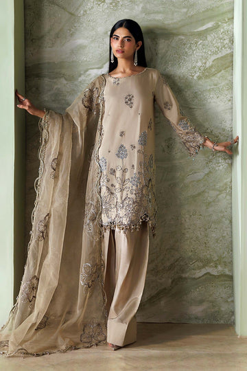 MARIA B | SOIREE | 3 PIECE EMBROIDERED TUSSER SILK SUIT | SR-01-01-CHAMPAGNE BEIGE