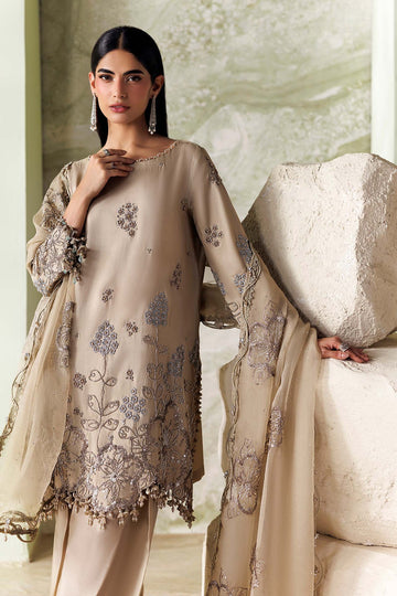 MARIA B | SOIREE | 3 PIECE EMBROIDERED TUSSER SILK SUIT | SR-01-01-CHAMPAGNE BEIGE