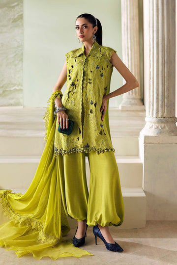 MARIA B | SOIREE | 3 PIECE EMBROIDERED BEMBERG RAW SILK SUIT | SR-01-03-LIME GREEN | B