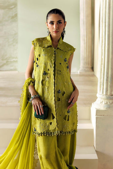 MARIA B | SOIREE | 3 PIECE EMBROIDERED BEMBERG RAW SILK SUIT | SR-01-03-LIME GREEN | B