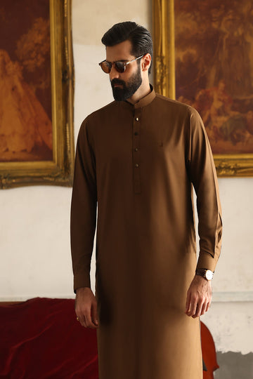 ISMAIL FARID | TAN CLASSIC KAMEEZ SHALWAR WITH TAN WAISTCOAT