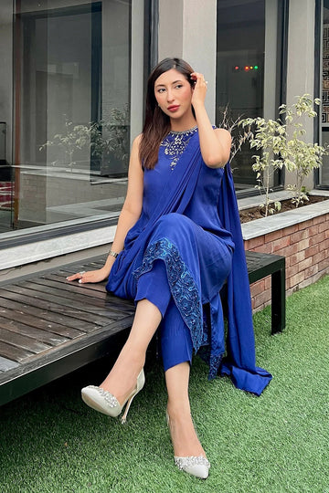 MAHNOOR MUJTABA | LUXURY PRET | ULTRAMARINE SAREE-SHIRT