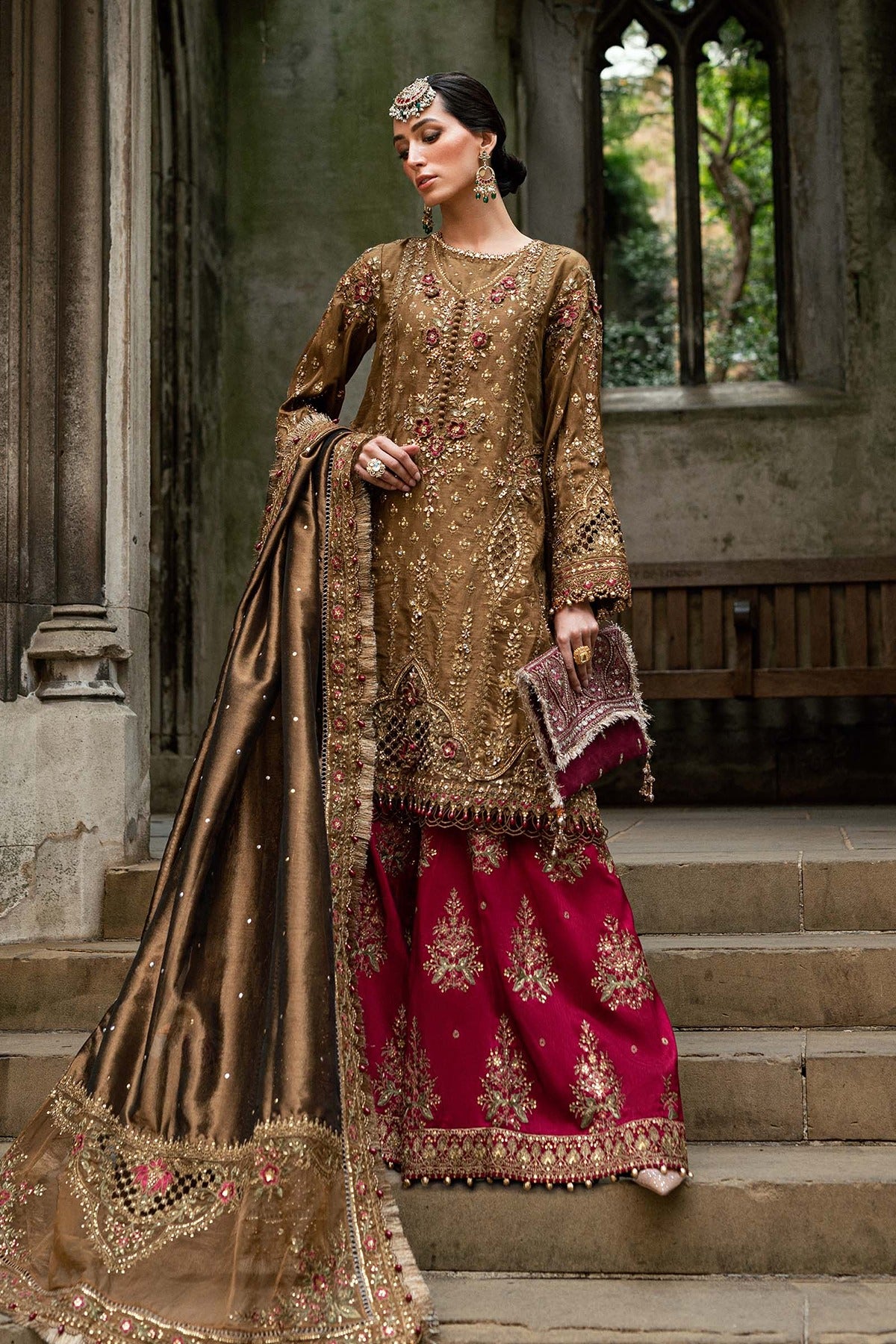 MARIA B | SOIREE | EMBROIDERED RAW SILK SUIT | WF-09-04-TAMBAKU BROWN