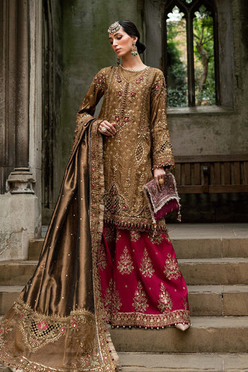 MARIA B | SOIREE | EMBROIDERED RAW SILK SUIT | WF-09-04-TAMBAKU BROWN