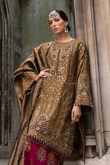 MARIA B | SOIREE | EMBROIDERED RAW SILK SUIT | WF-09-04-TAMBAKU BROWN
