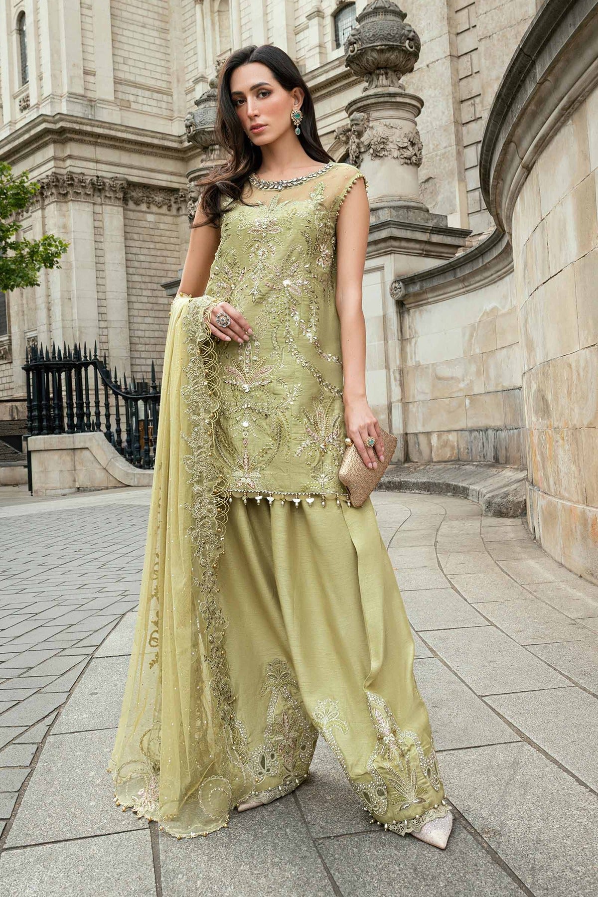 MARIA B | SOIREE | EMBROIDERED RAW SILK SUIT | WF-09-08-OLIVE GREEN | SHORT SHIRT
