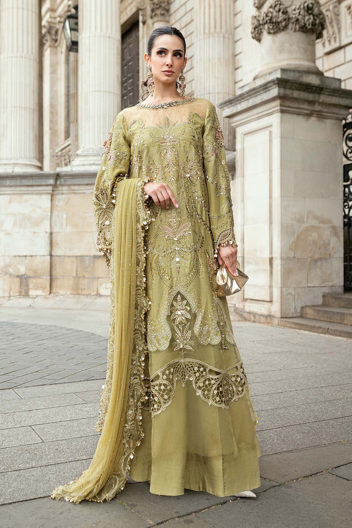 MARIA B | SOIREE | EMBROIDERED RAW SILK SUIT | WF-09-08-OLIVE GREEN | LONG SHIRT