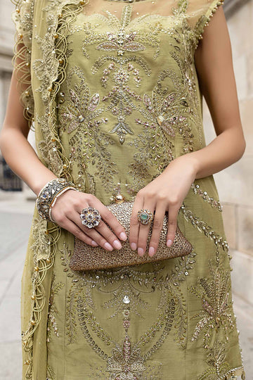 MARIA B | SOIREE | EMBROIDERED RAW SILK SUIT | WF-09-08-OLIVE GREEN | SHORT SHIRT