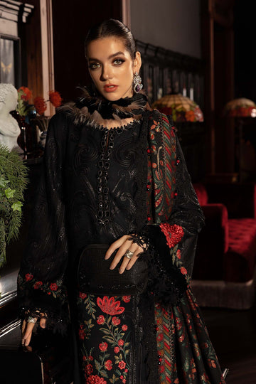 MARIA B | WINTER LUXE | EMBROIDERED LINEN SUIT | WL-1309-BLACK AND RED