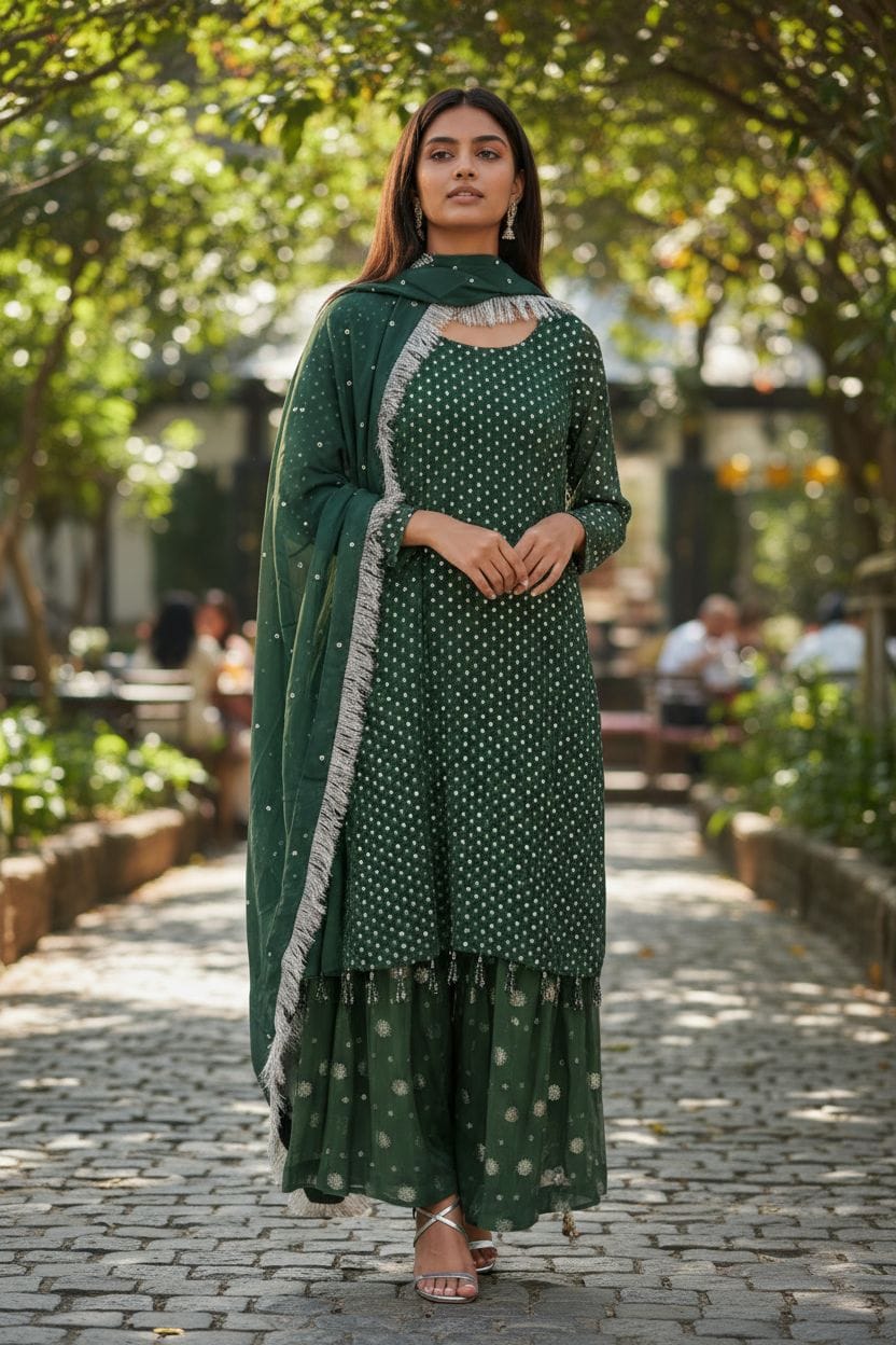 HAFSAH|SANA - GREEN CHIFFON SUIT WITH SHARARA