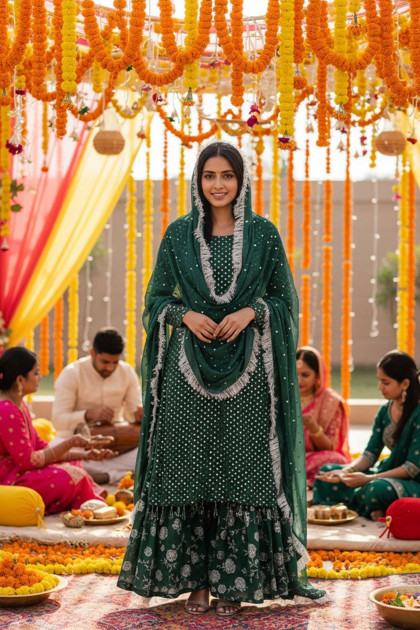 HAFSAH|SANA - GREEN CHIFFON SUIT WITH GHARARA